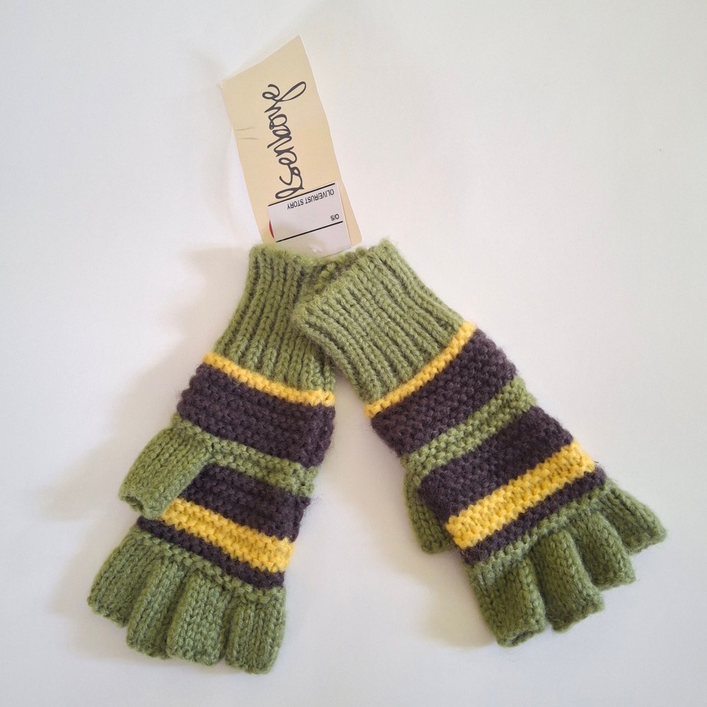 Olsenboye Womens Striped Boho Fingerless Knit Gloves Olive Purple Yellow OS NWT - Picture 4 of 6